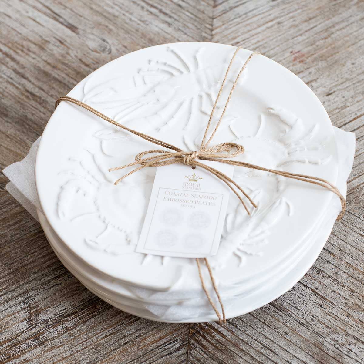 Coastal Seafood Embossed Plates White 8" Set of 4