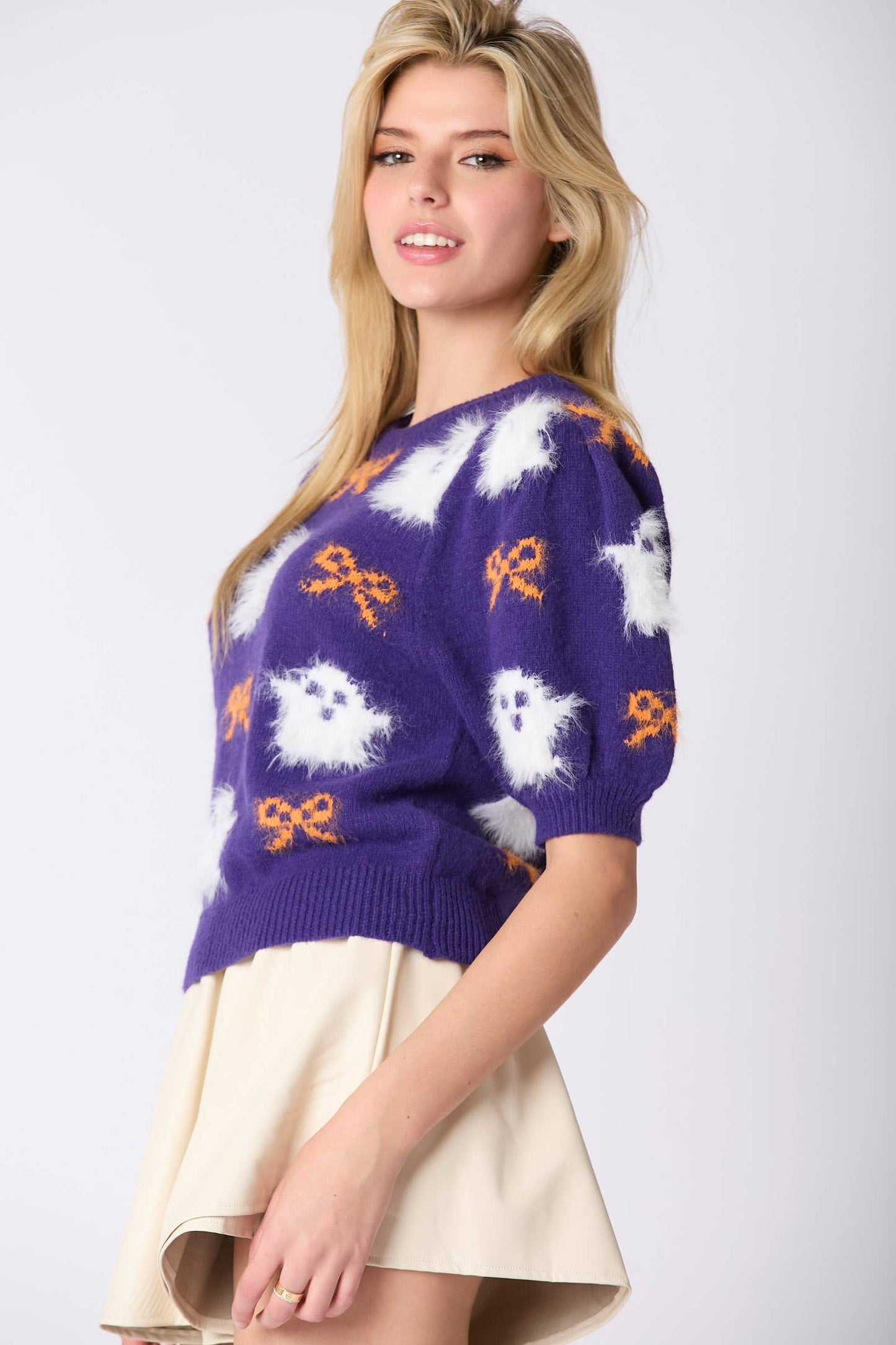 Fur Ghost & Ribbon Patterned Puff Sleeve Sweater- Purple