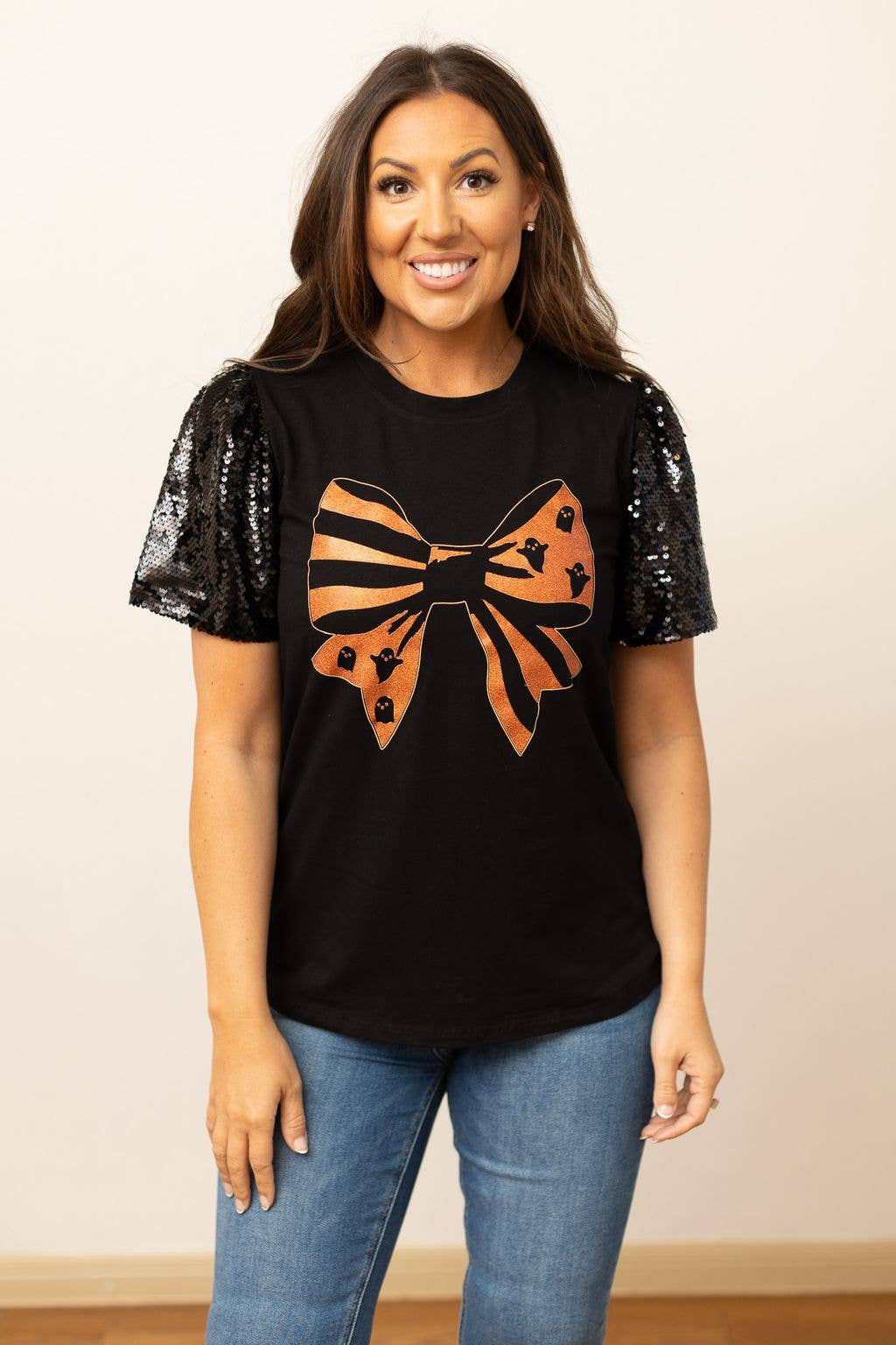 Halloween Bow on Black Top With Sequins Puff Sleeve- Black