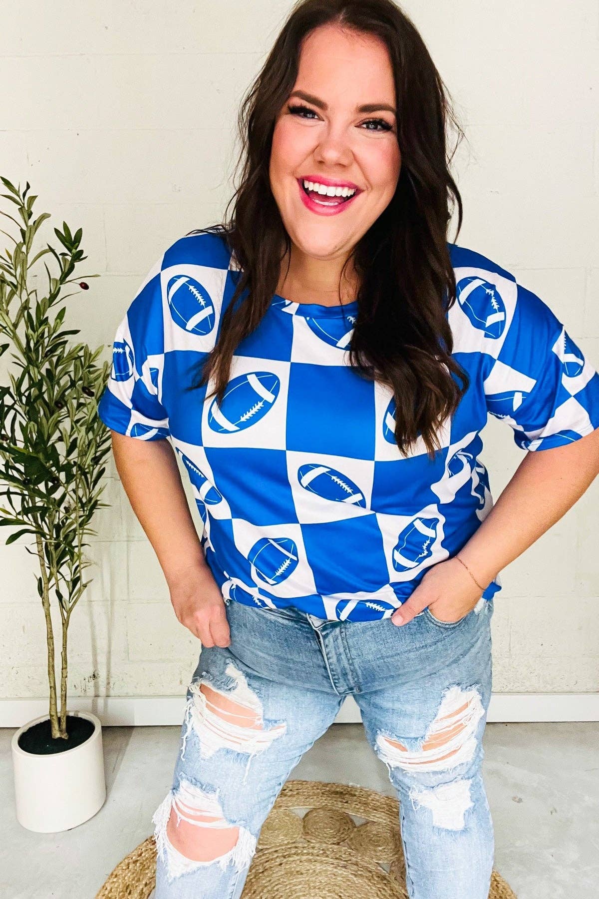 Game Day Football Checker Print Knit Top- Blue