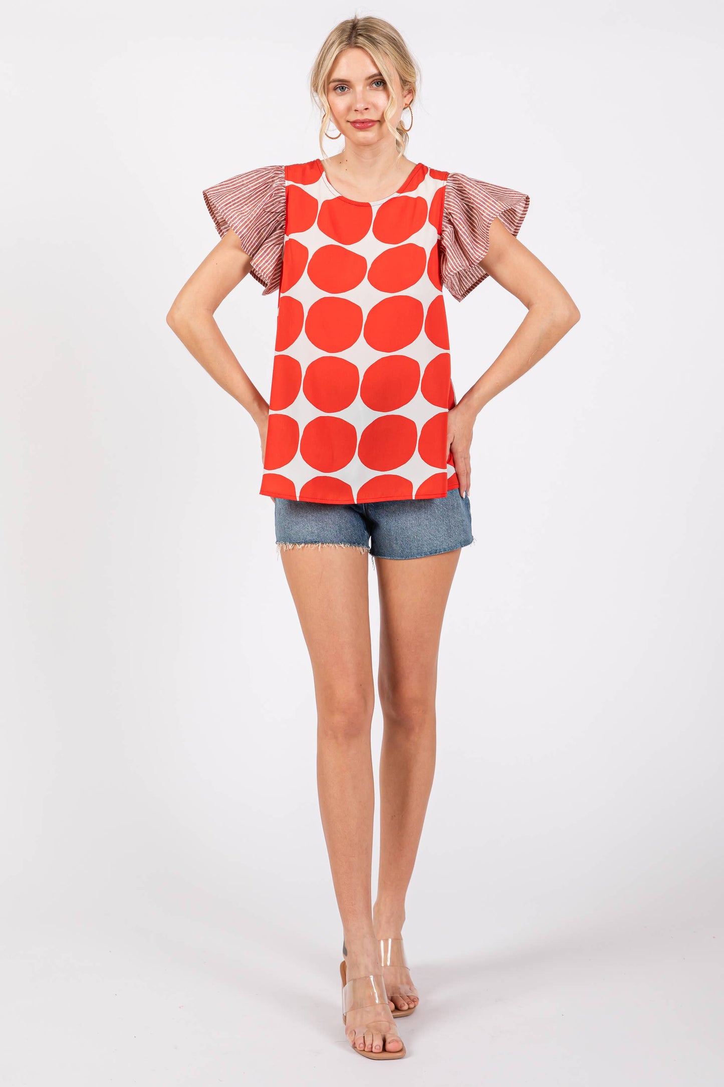 Contrast Polka Dot Blouse Top- Blue/ Royal Blue