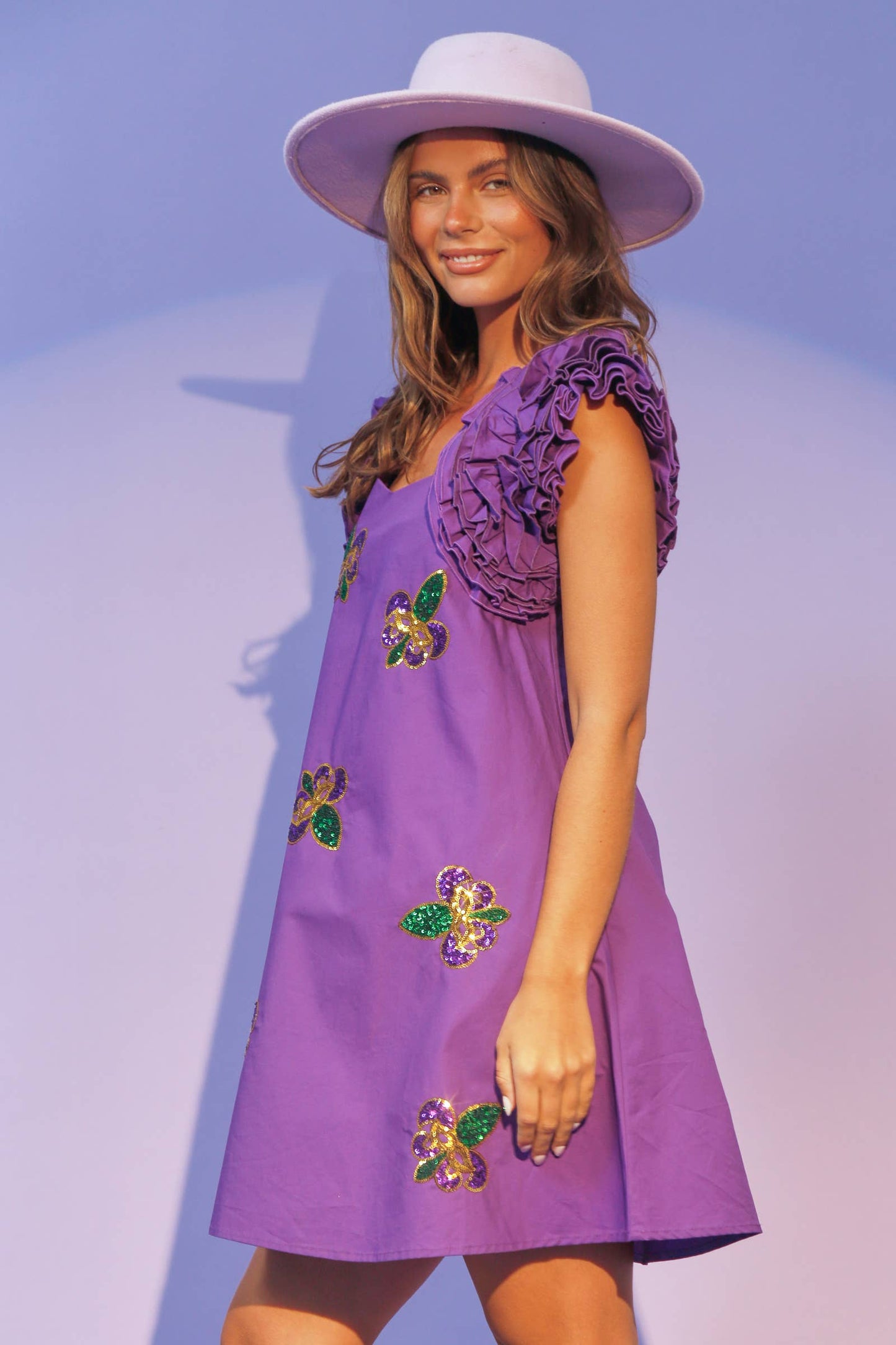 Mardi Gras Masks Sequin Fleur De Lis Mini Dress - Purple