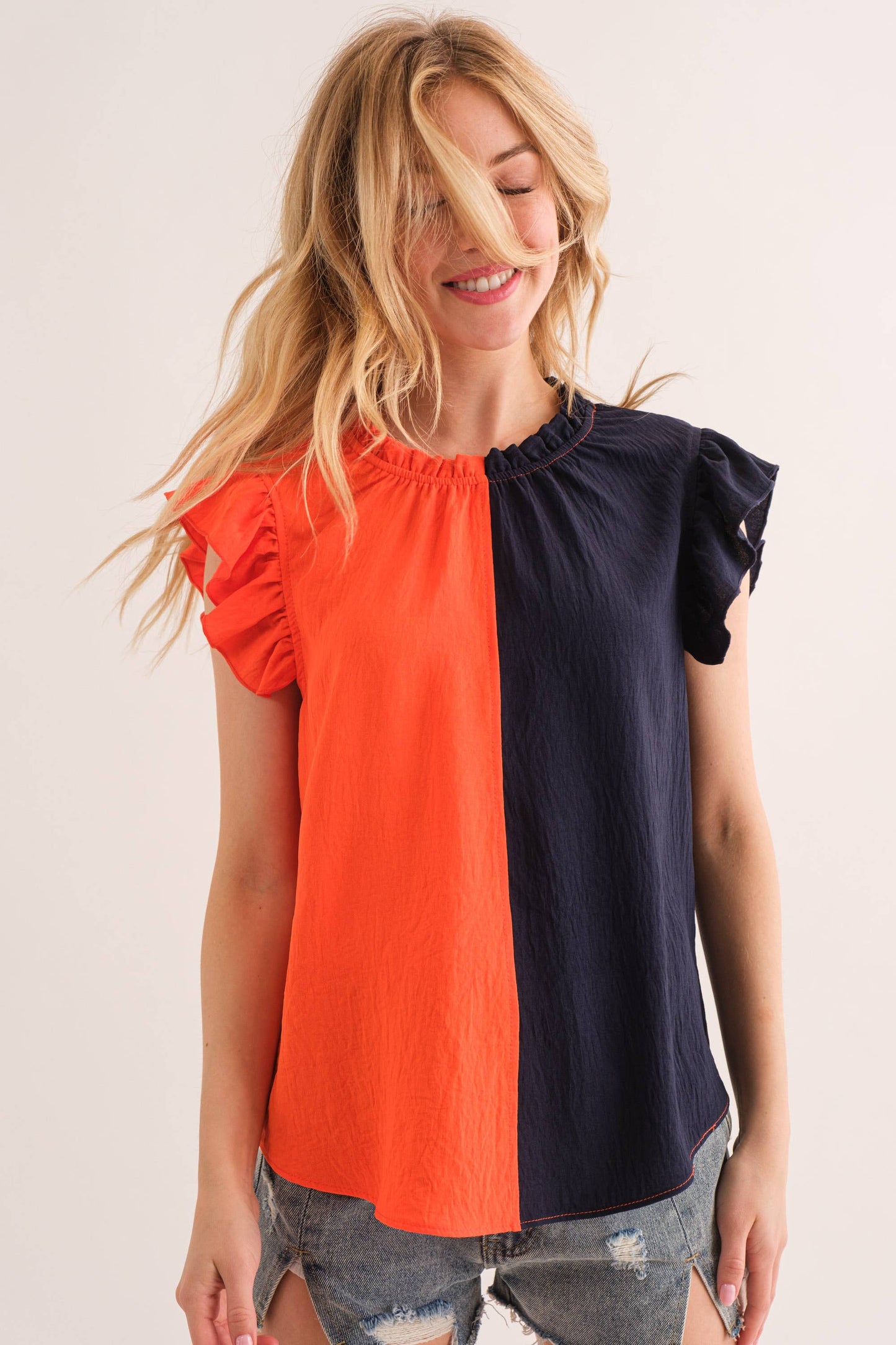 Game Day Ruffle Sleeveless Woven Blouse Top- Green/Pink
