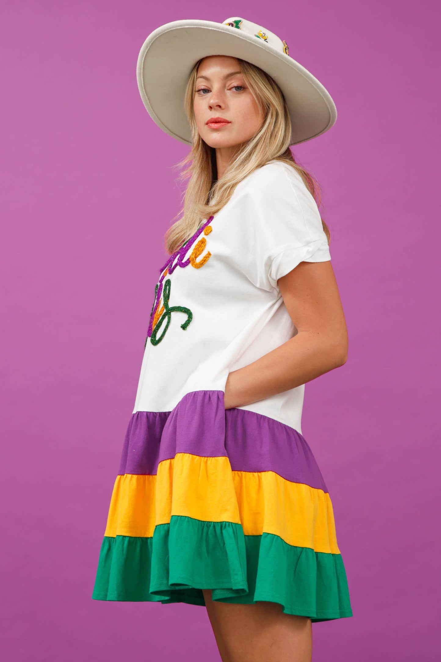 Color Block Mardi Gras Mini Dress - White Combo