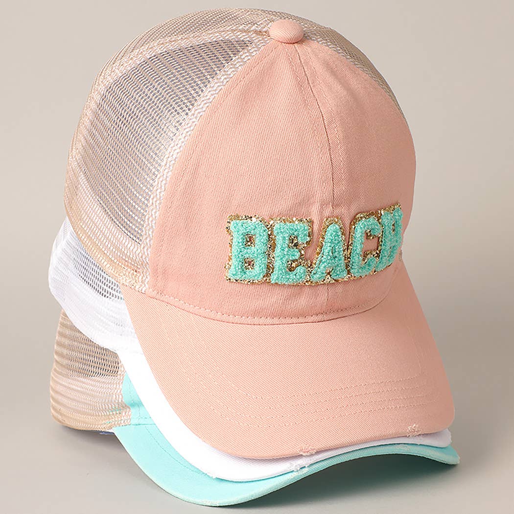 BEACH Chenille Letter Patch Mesh Back Baseball Cap- Mint