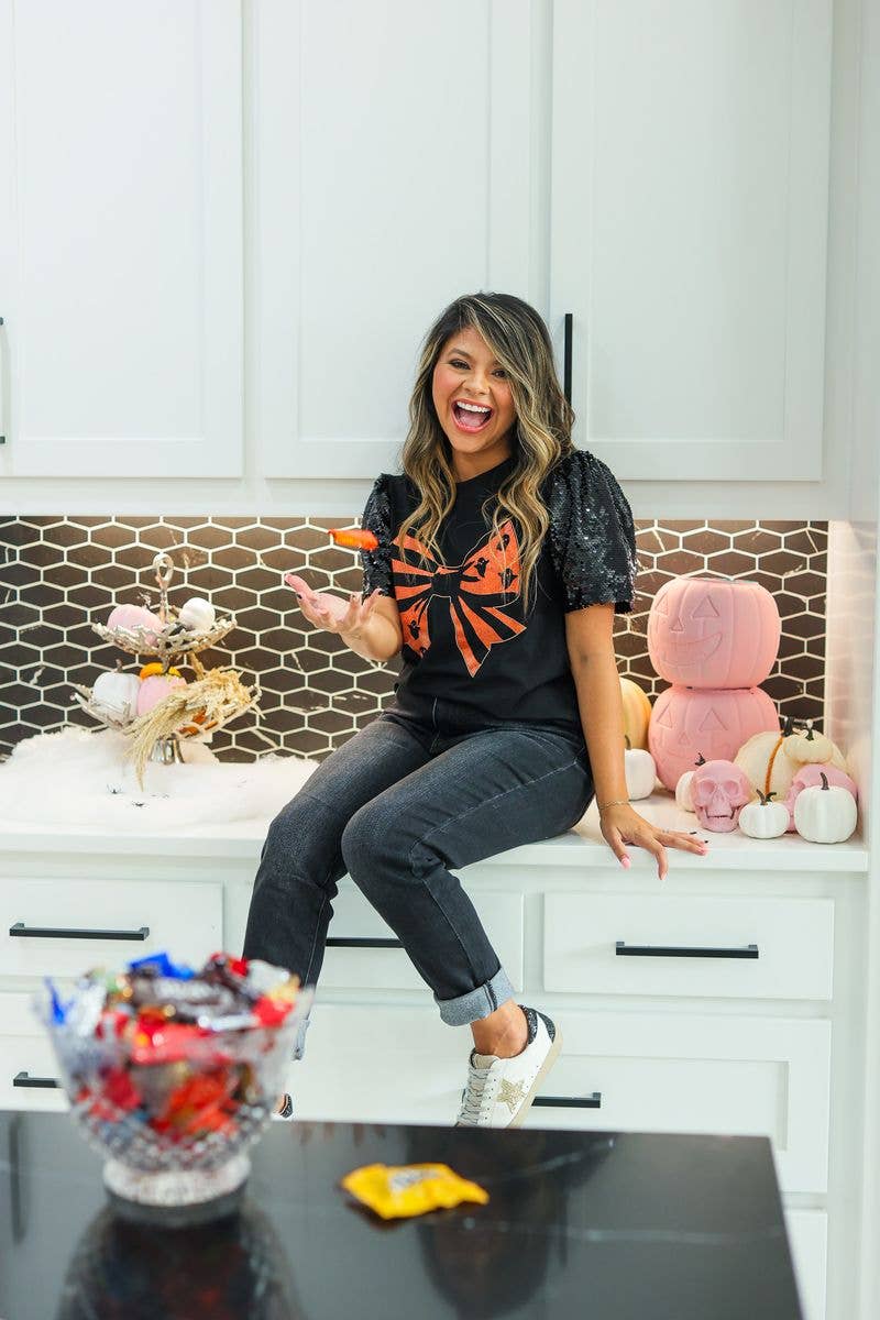 Halloween Bow on Black Top With Sequins Puff Sleeve- Black