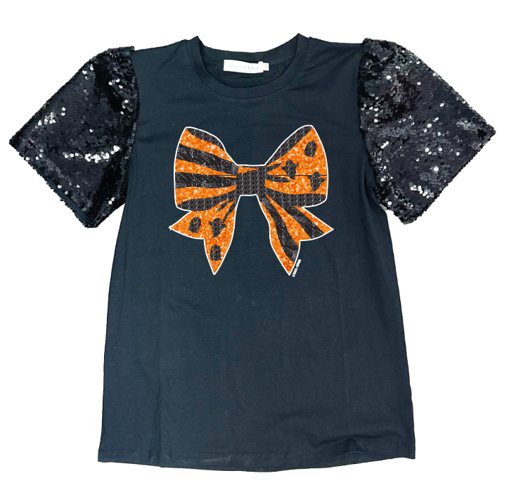Halloween Bow on Black Top With Sequins Puff Sleeve- Black