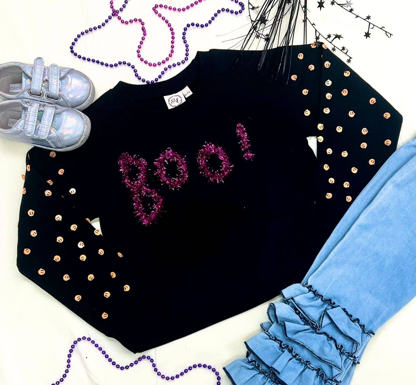 Girls Black Boo Crewneck with Pumpkin Sequin Sleeves