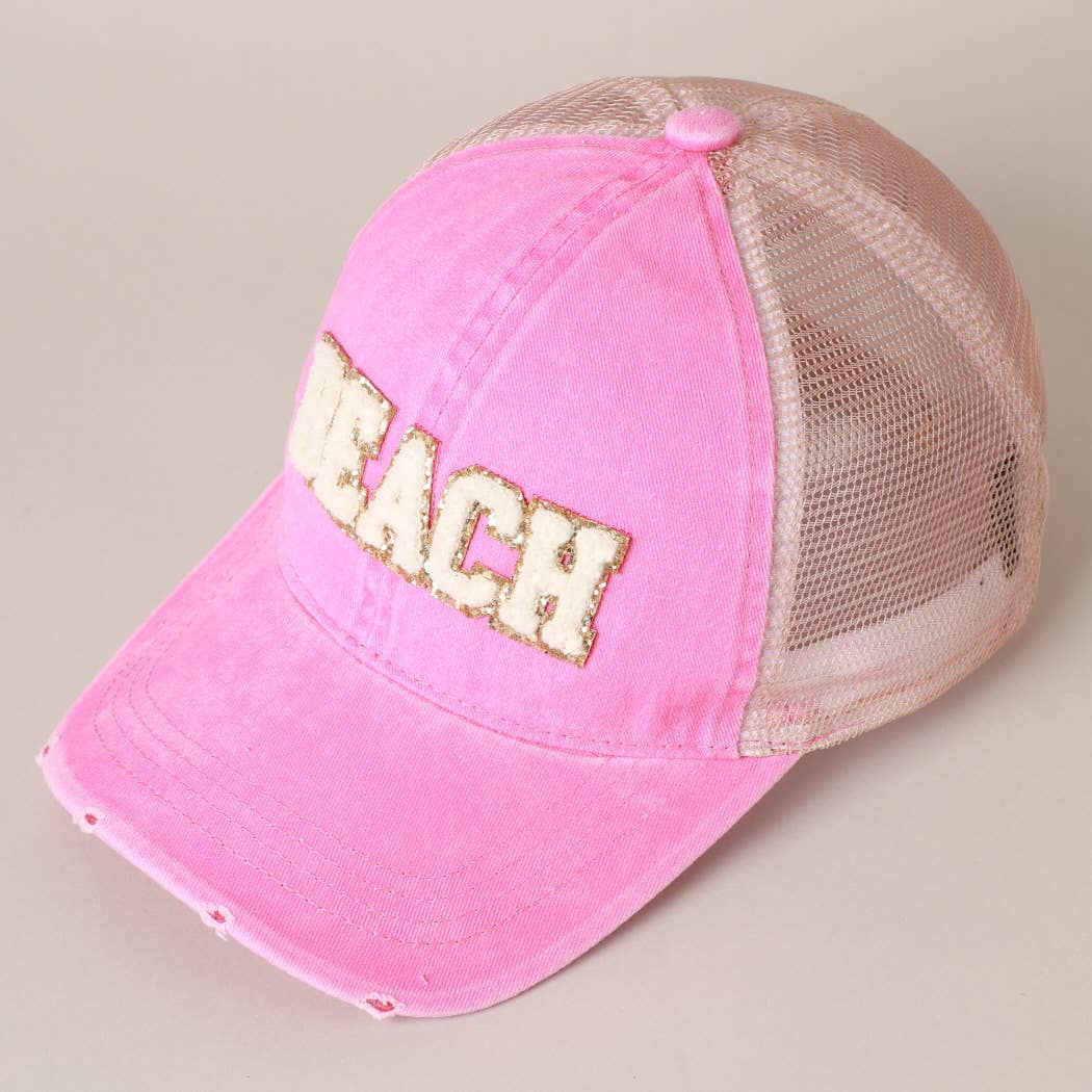 BEACH Chenille Letter Patch Mesh Back Baseball Cap- Mint