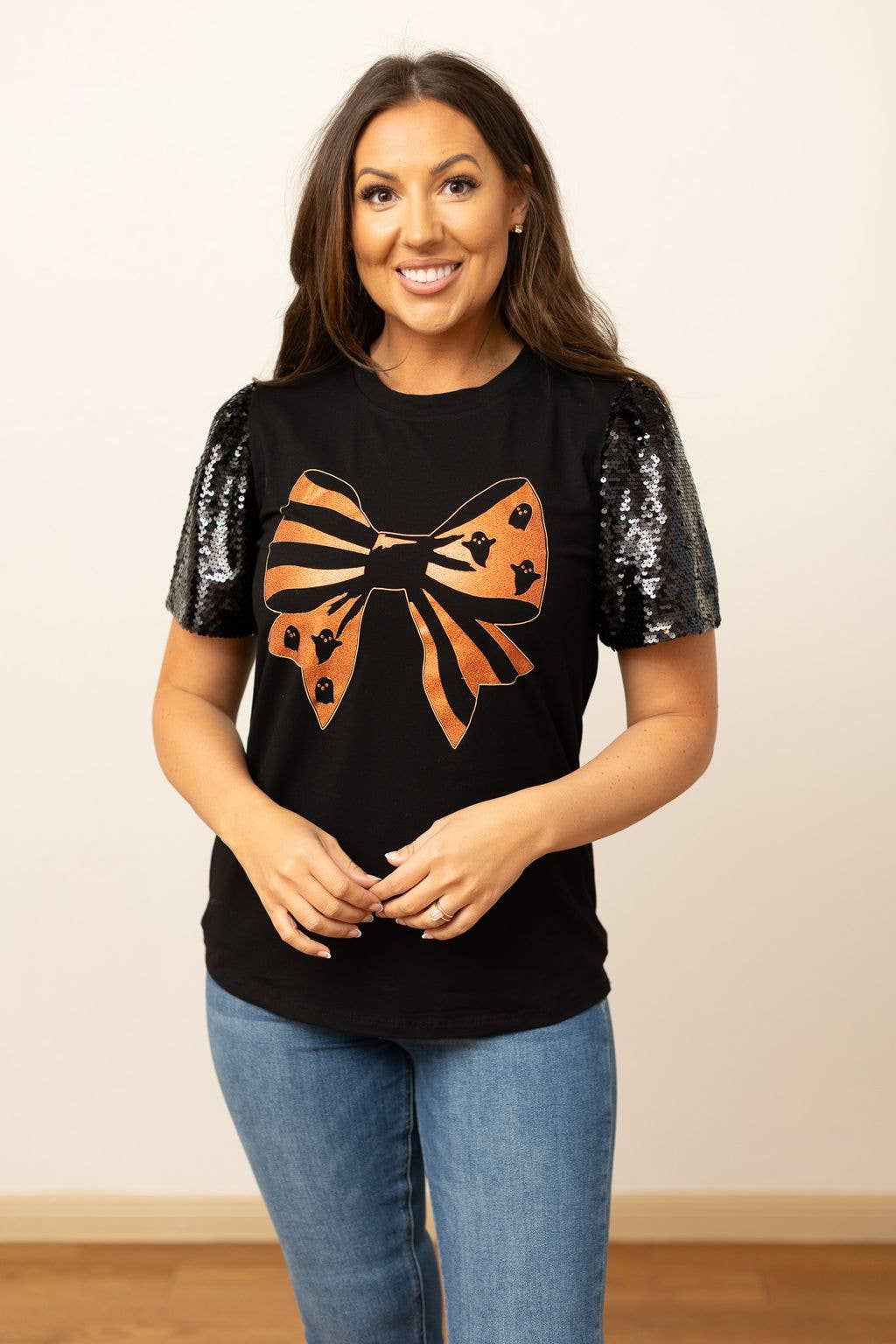 Halloween Bow on Black Top With Sequins Puff Sleeve- Black
