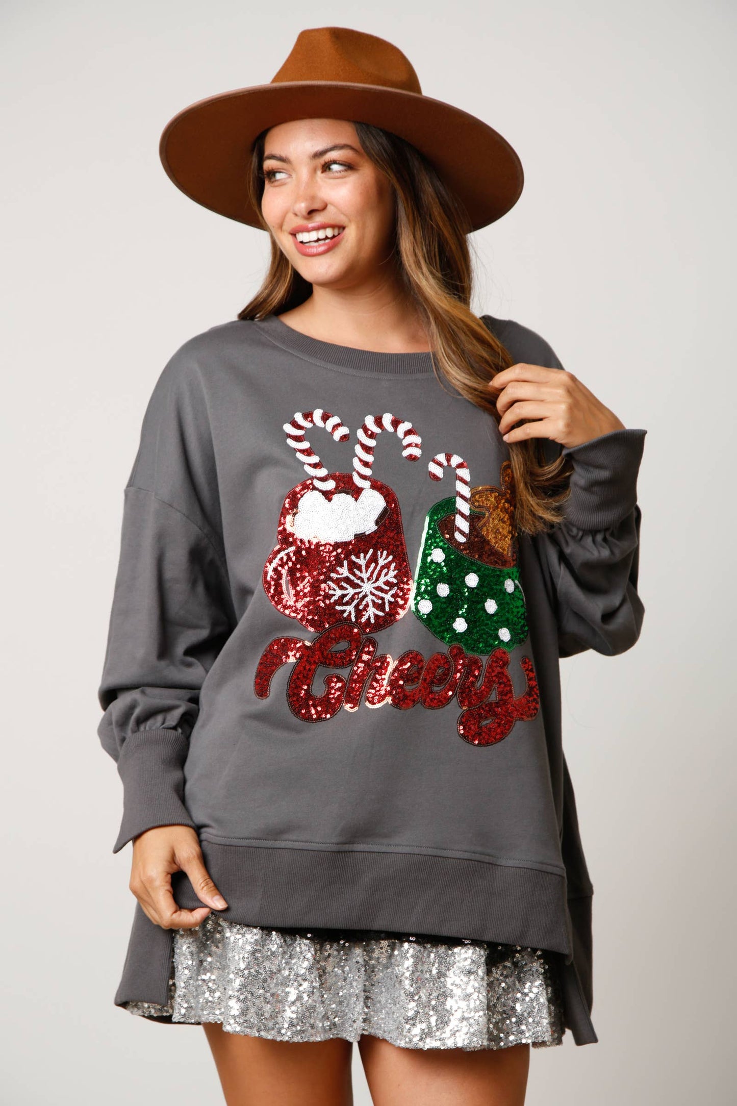 Cheers Hot Cocoa Sequin Sweatshirt- Dusty Peach
