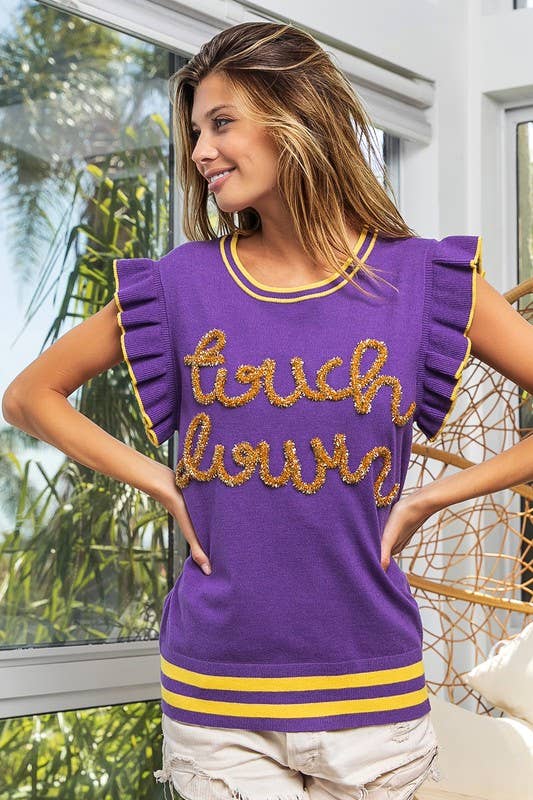 Touchdown Ruffled Armhole Sleeveless Sweater- Purple & Gold