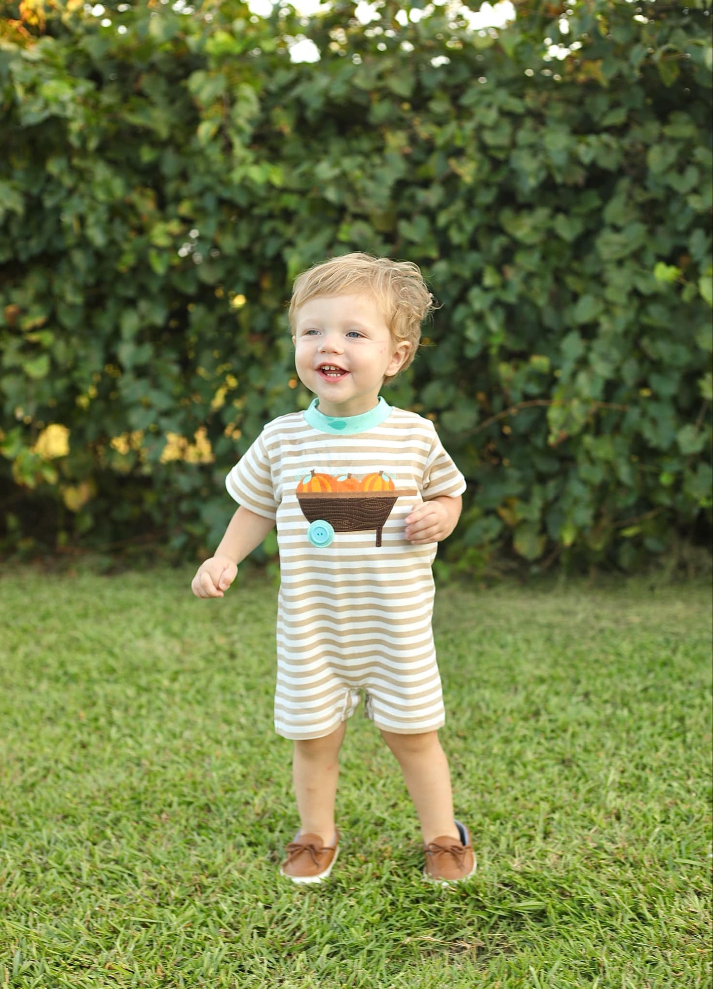 Pumpkin Harvest Tan Stripe Applique Romper