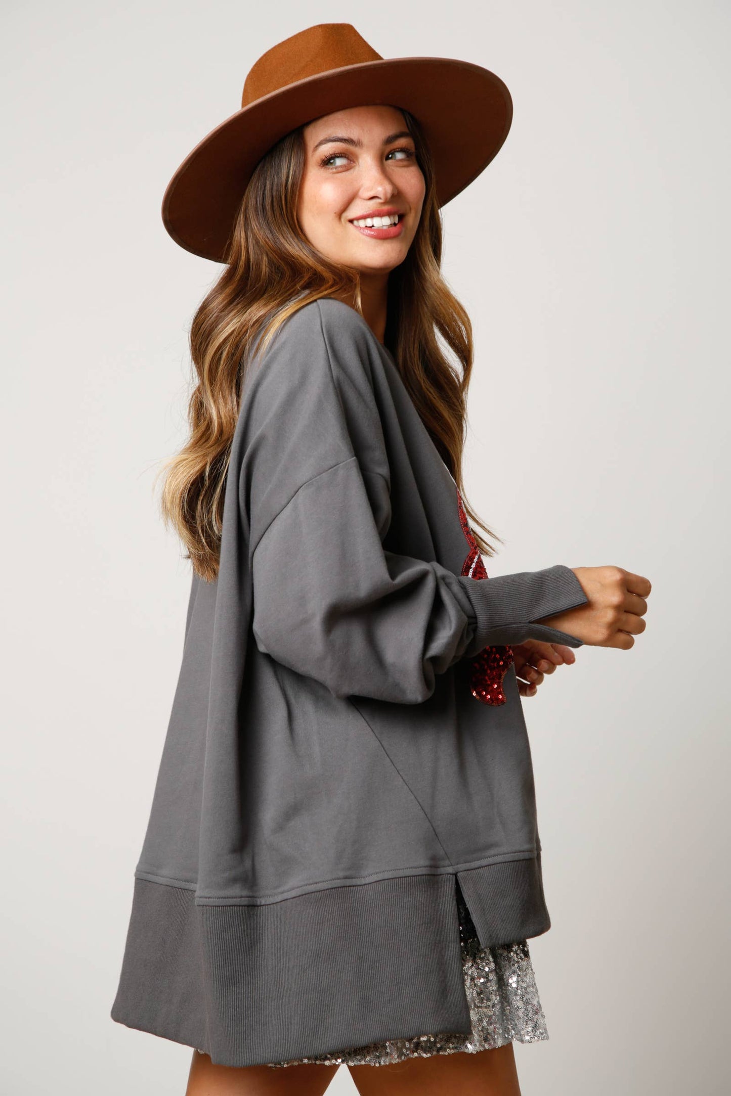 Cheers Hot Cocoa Sequin Sweatshirt- Dusty Peach