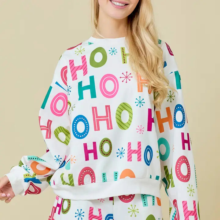 Holiday Printed Crewneck with Rhinestone- White