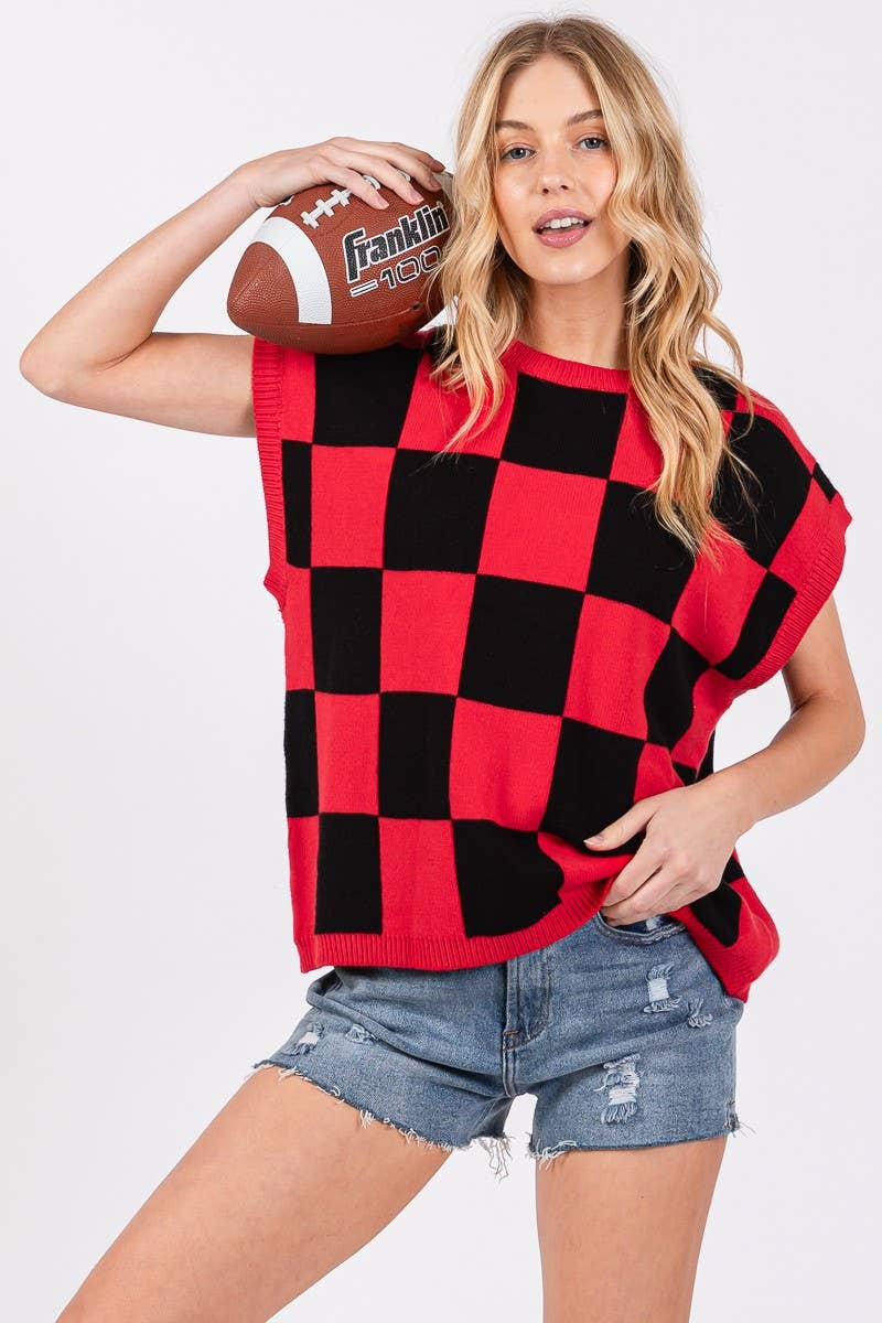Checkered Knit Sleeveless Game Day Top