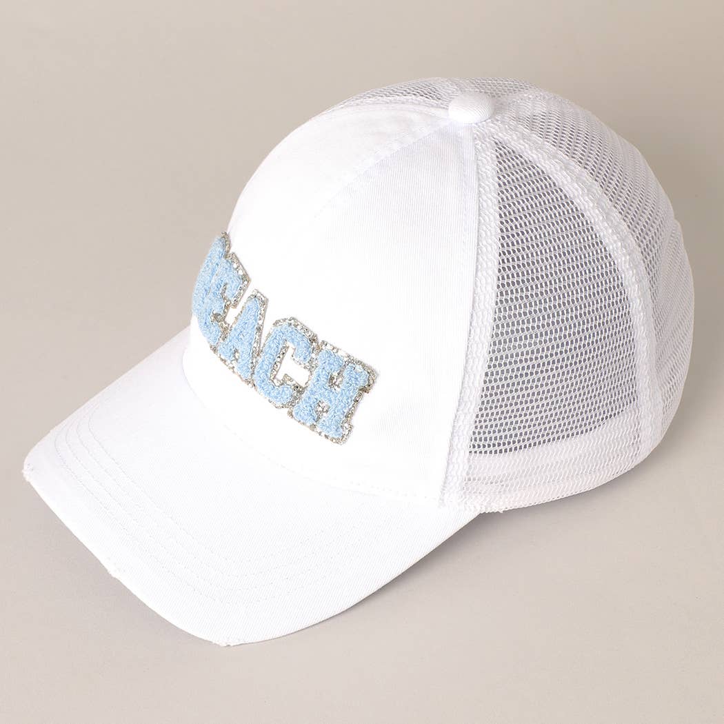 BEACH Chenille Letter Patch Mesh Back Baseball Cap- Mint