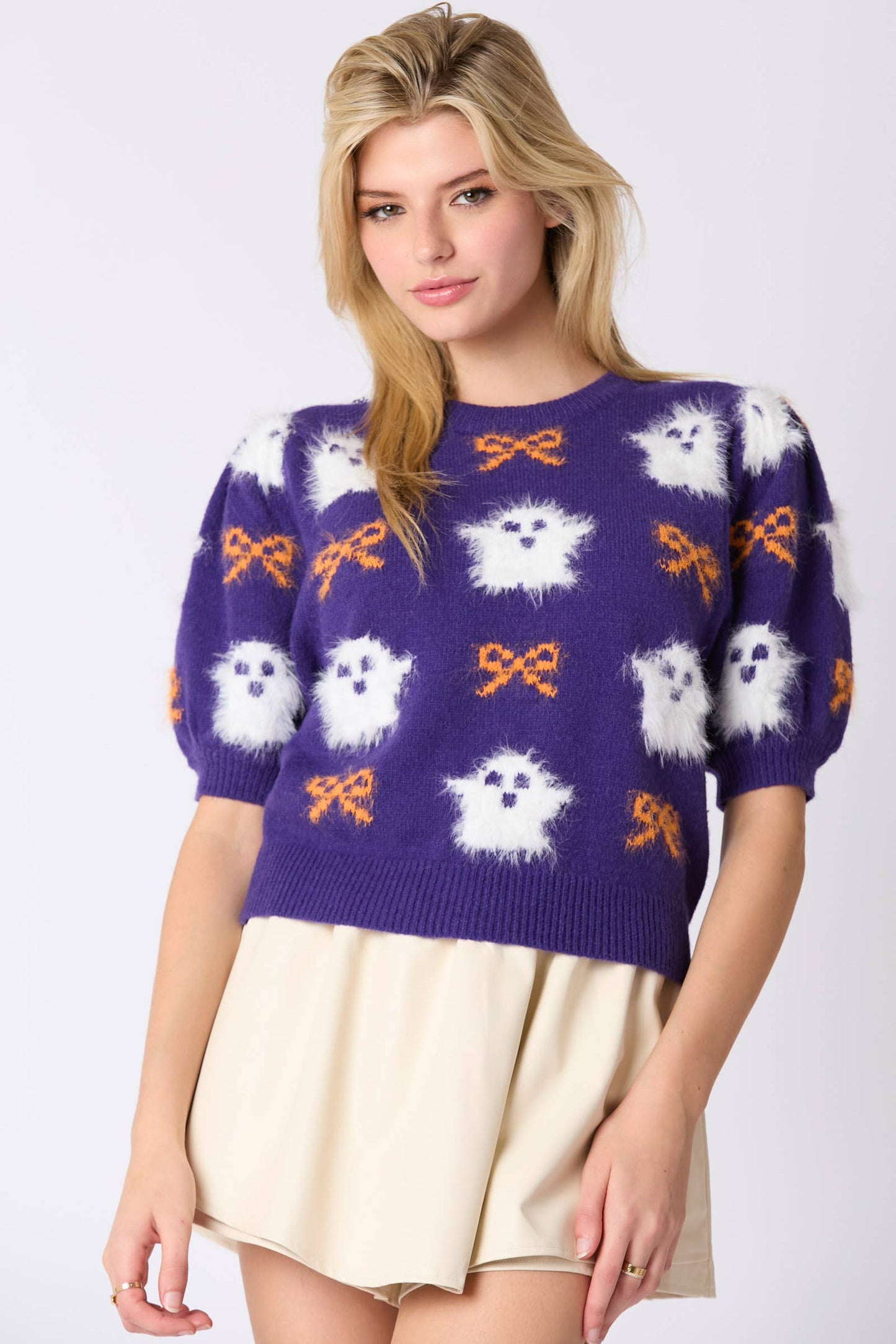 Fur Ghost & Ribbon Patterned Puff Sleeve Sweater- Purple
