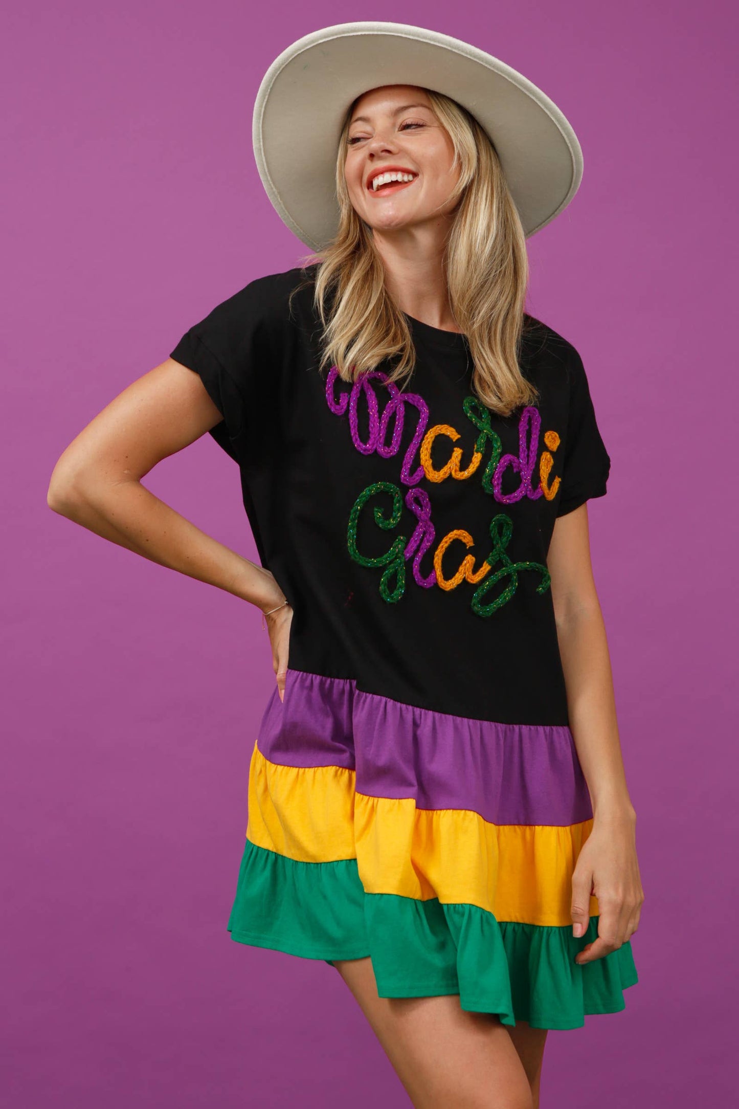 Color Block Mardi Gras Mini Dress - White Combo