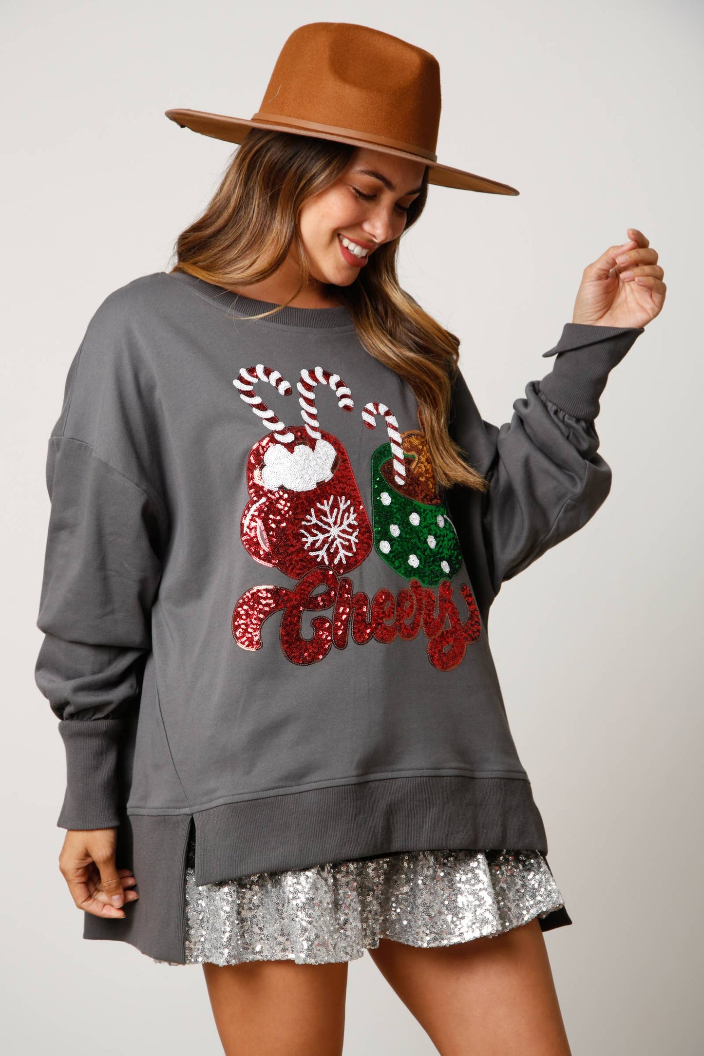 Cheers Hot Cocoa Sequin Sweatshirt- Dusty Peach