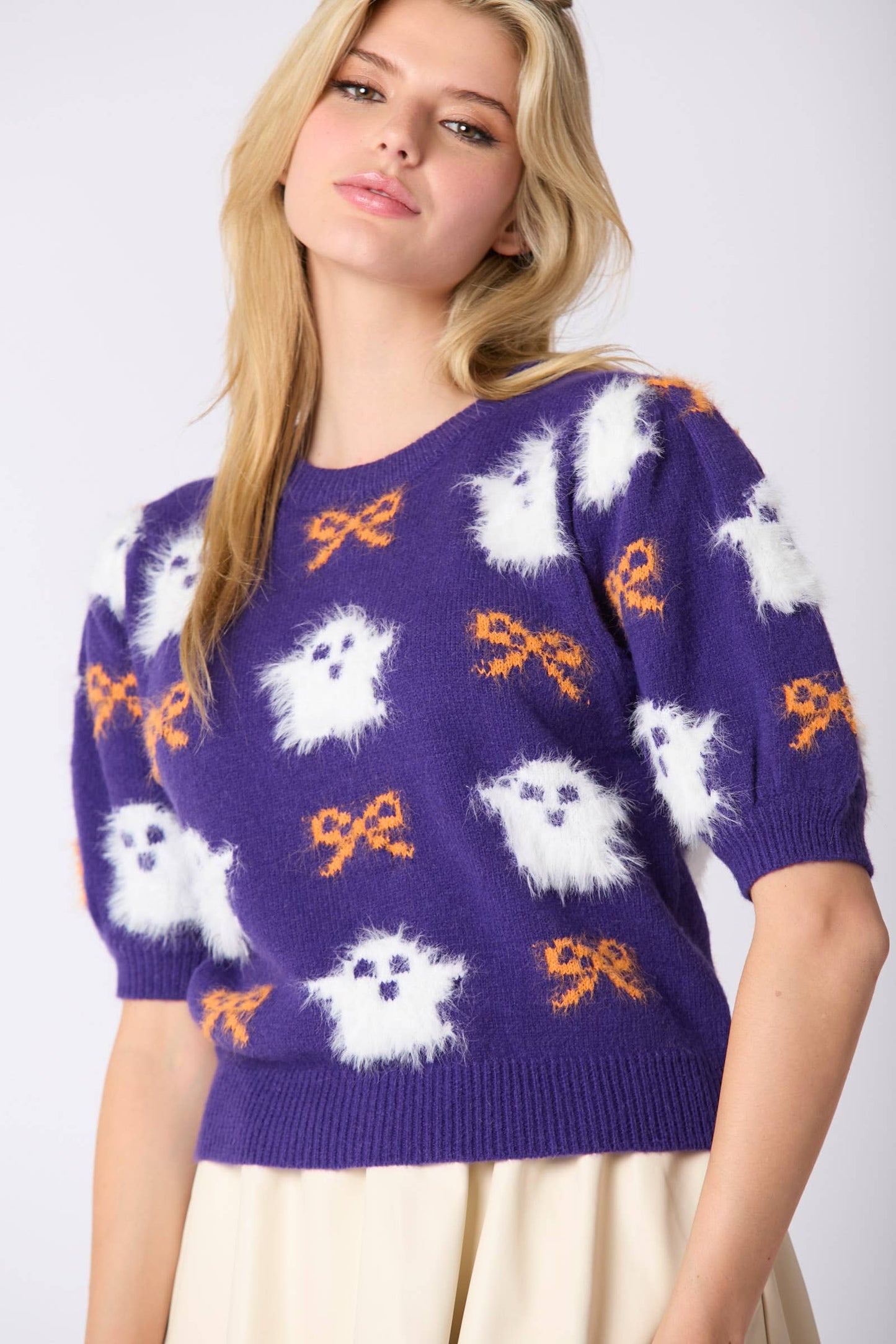Fur Ghost & Ribbon Patterned Puff Sleeve Sweater- Purple