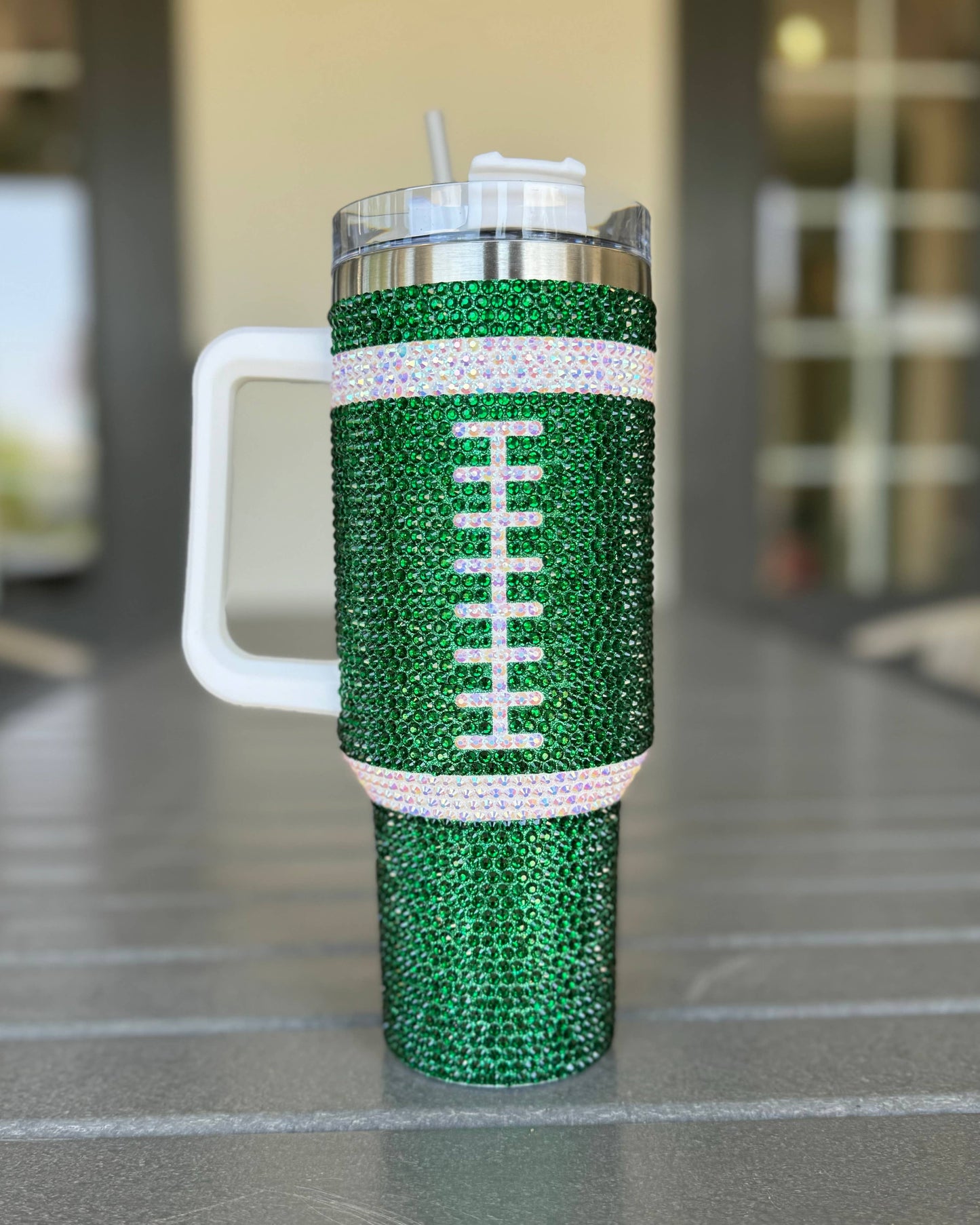 40 oz Crystal Green Football Tumbler