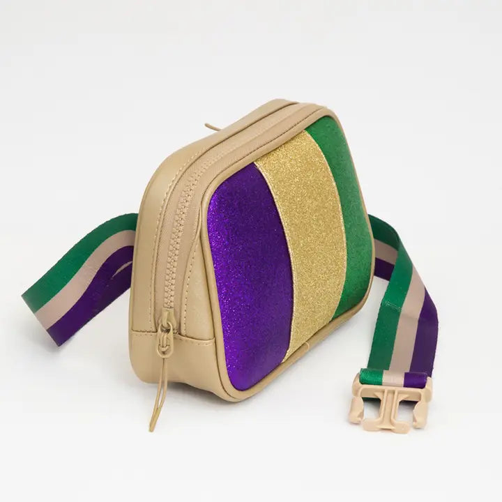 Faux Leather Mardi Gras Sparkle Front Rectangle Belt Bag