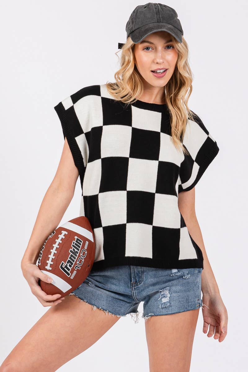 Checkered Knit Sleeveless Game Day Top