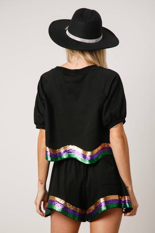 Sequins Stripe Puff Sleeve Crop Top- Red/ White Multi