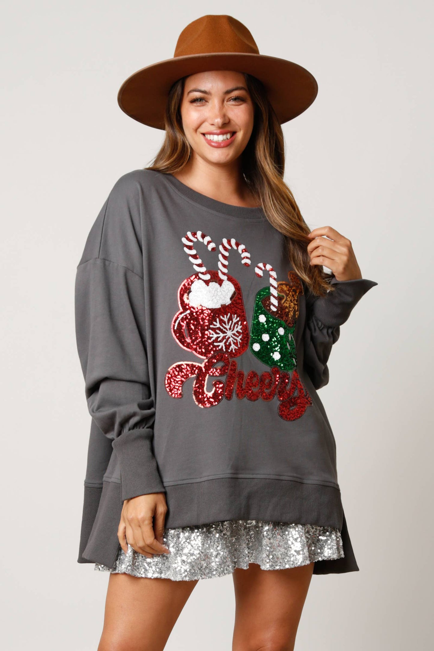 Cheers Hot Cocoa Sequin Sweatshirt- Dusty Peach