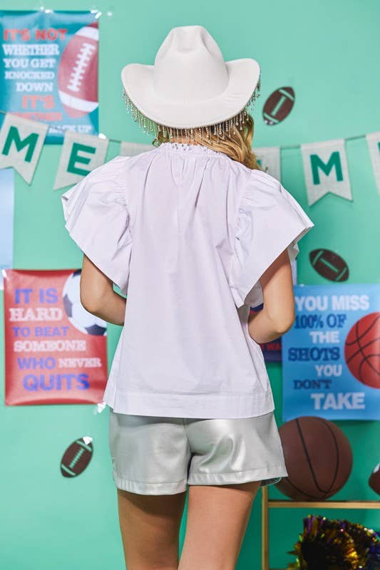 Plus Football Sequin Patch Solid Poplin Blouse- White