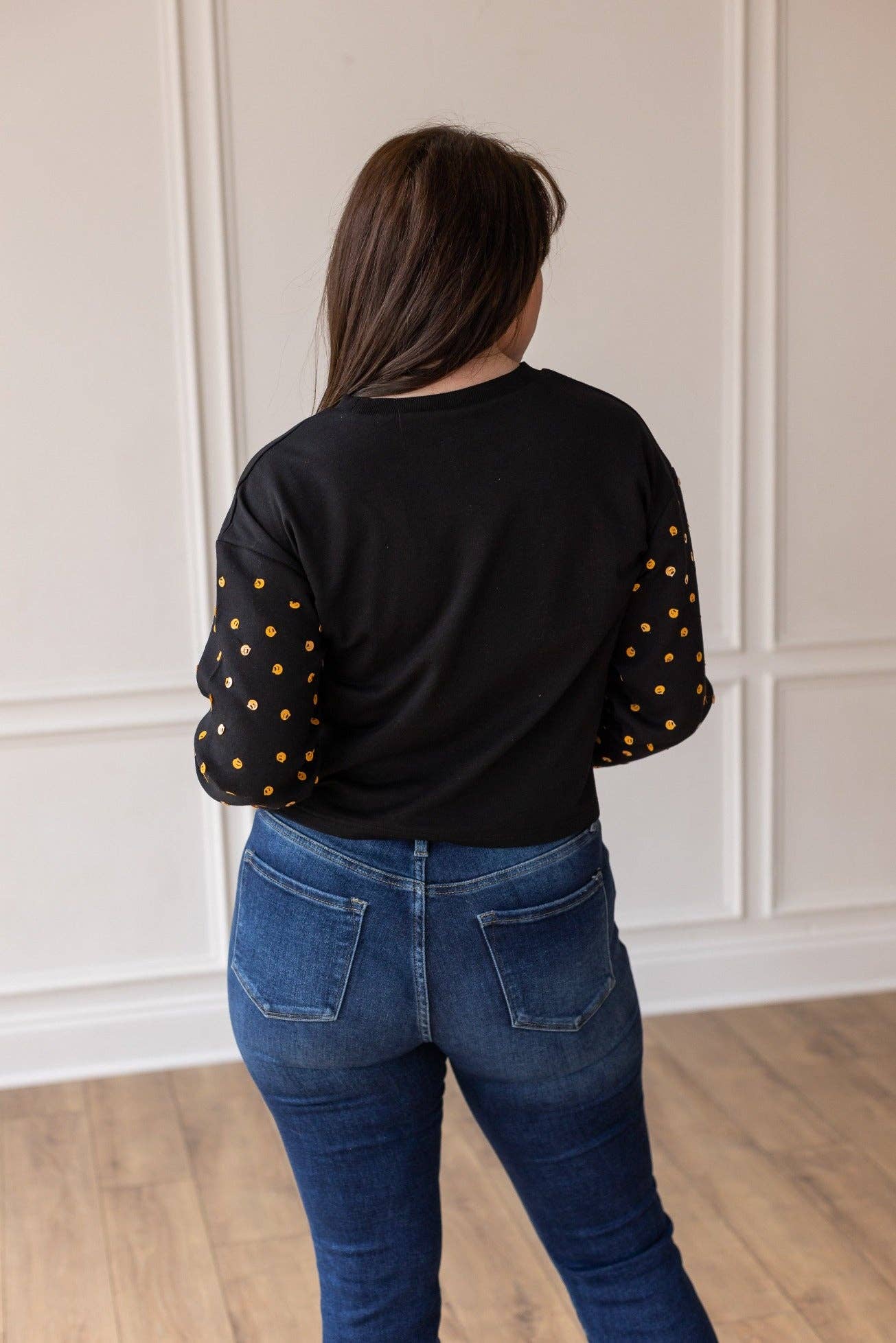 Black Boo Crewneck with Pumpkin Sequin Sleeves