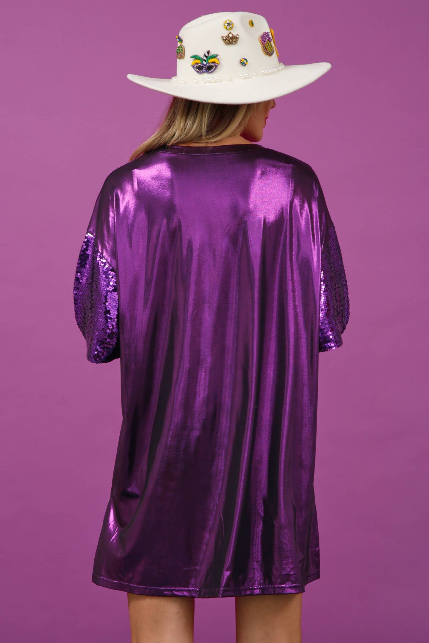 Sequin Mardi Gras Foil Shirt Dress- Purple