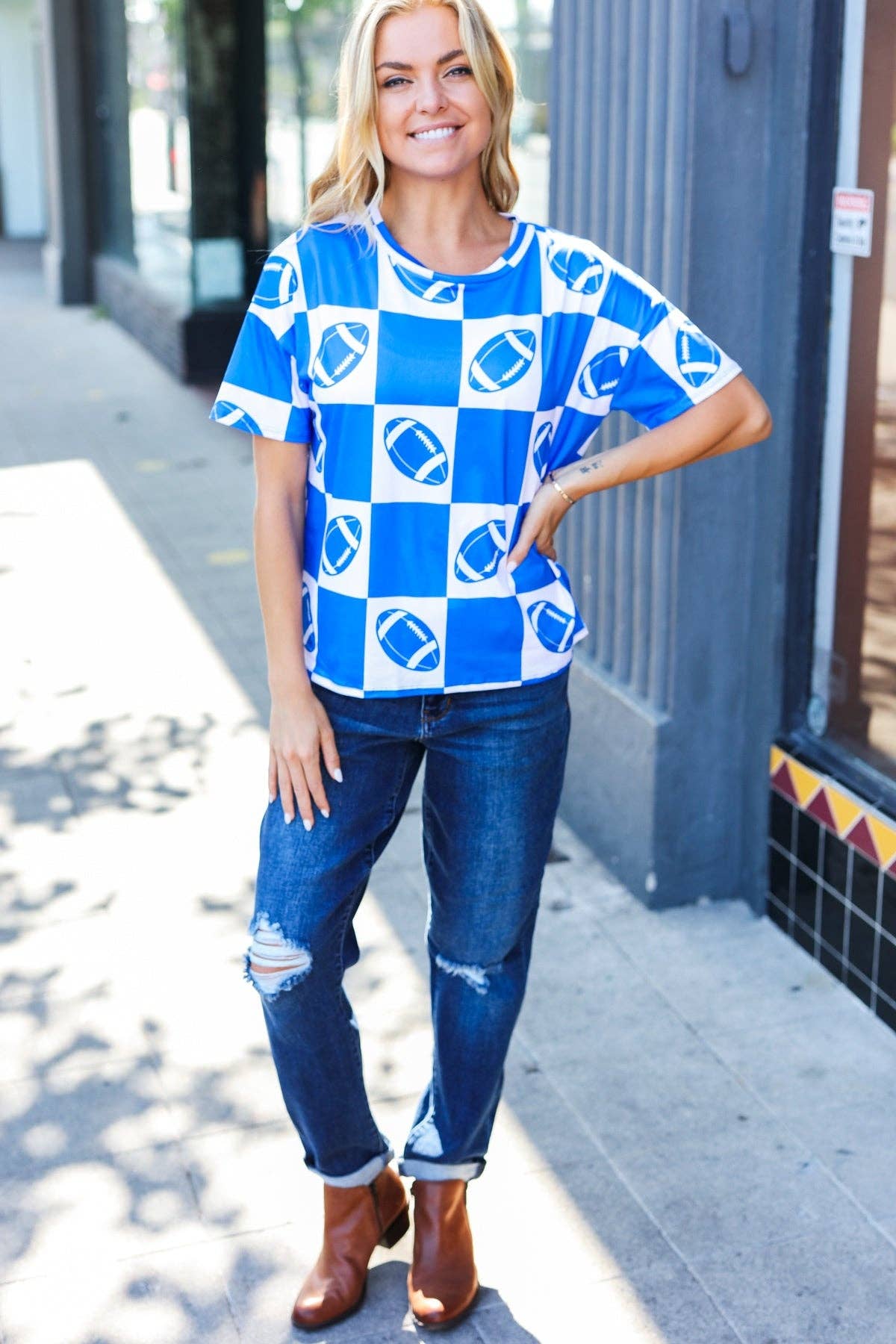 Game Day Football Checker Print Knit Top- Blue