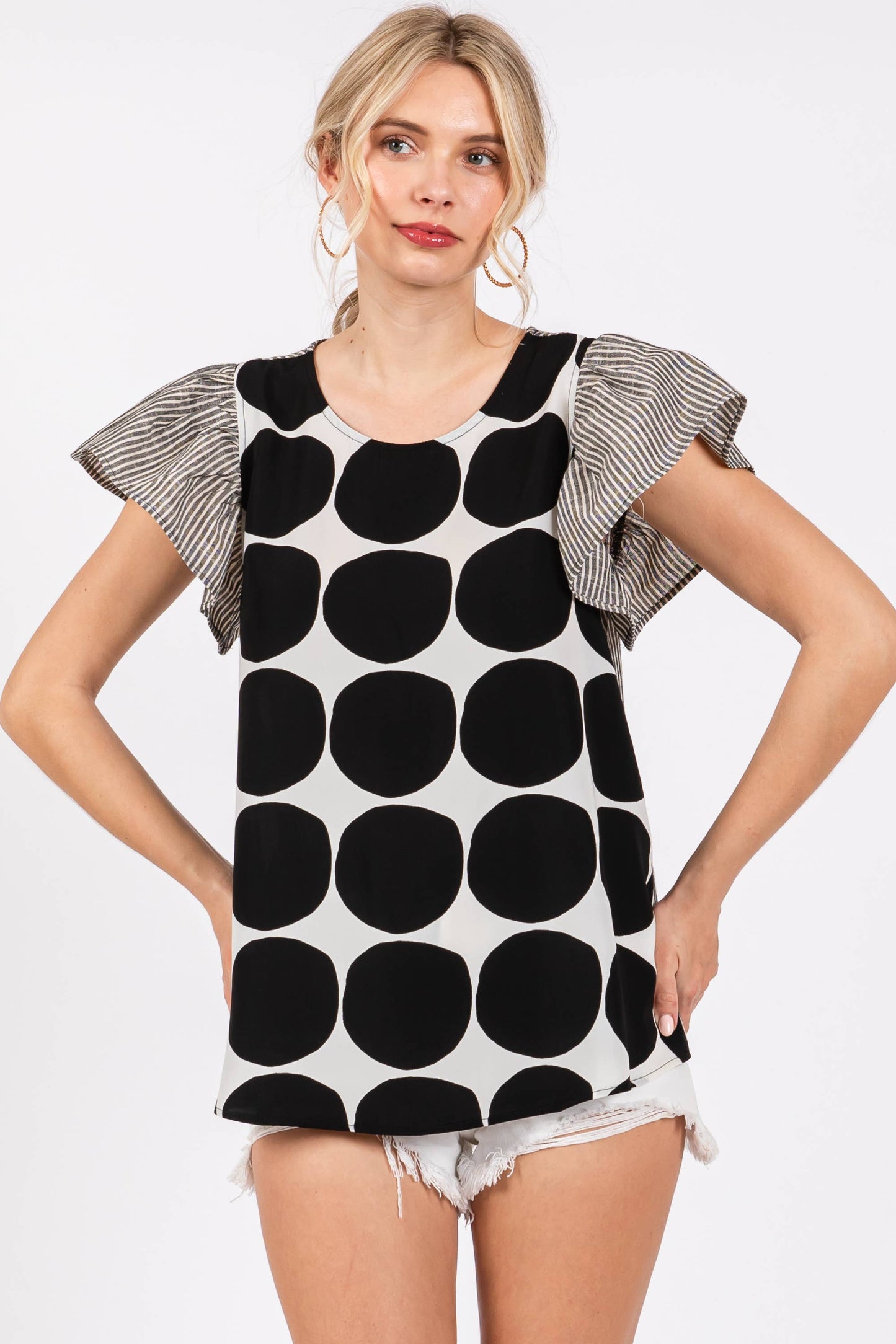 Contrast Polka Dot Blouse Top- Blue/ Royal Blue
