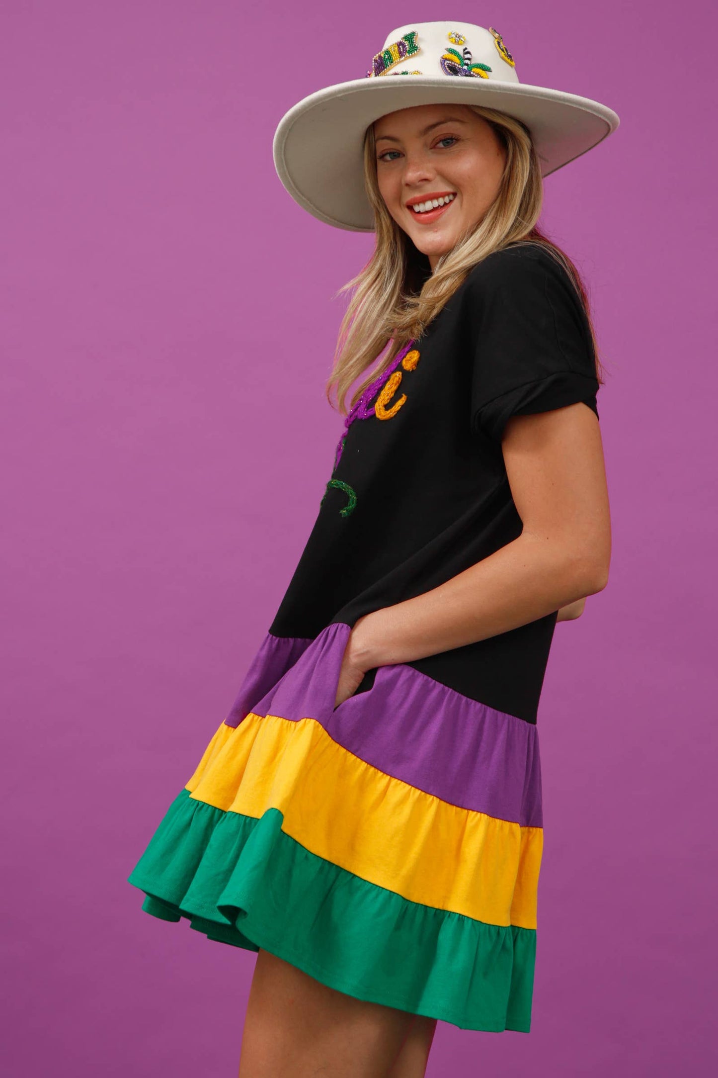 Color Block Mardi Gras Mini Dress - White Combo