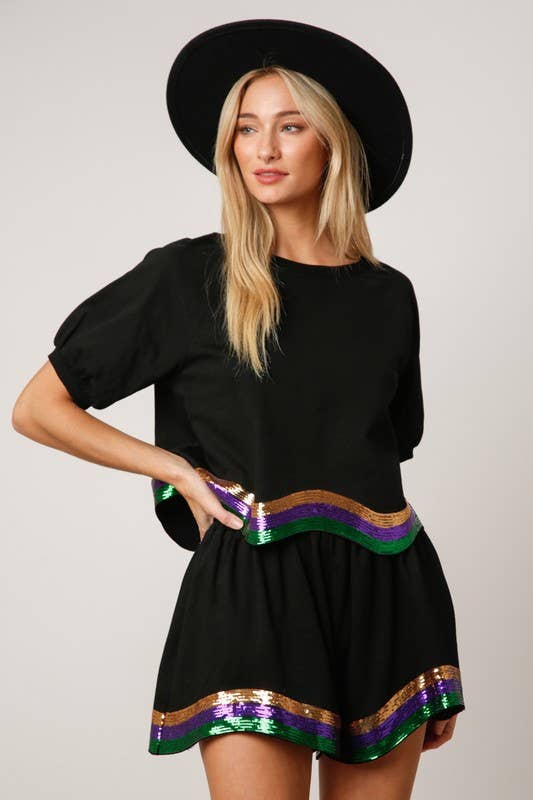 Sequins Stripe Puff Sleeve Crop Top- Red/ White Multi