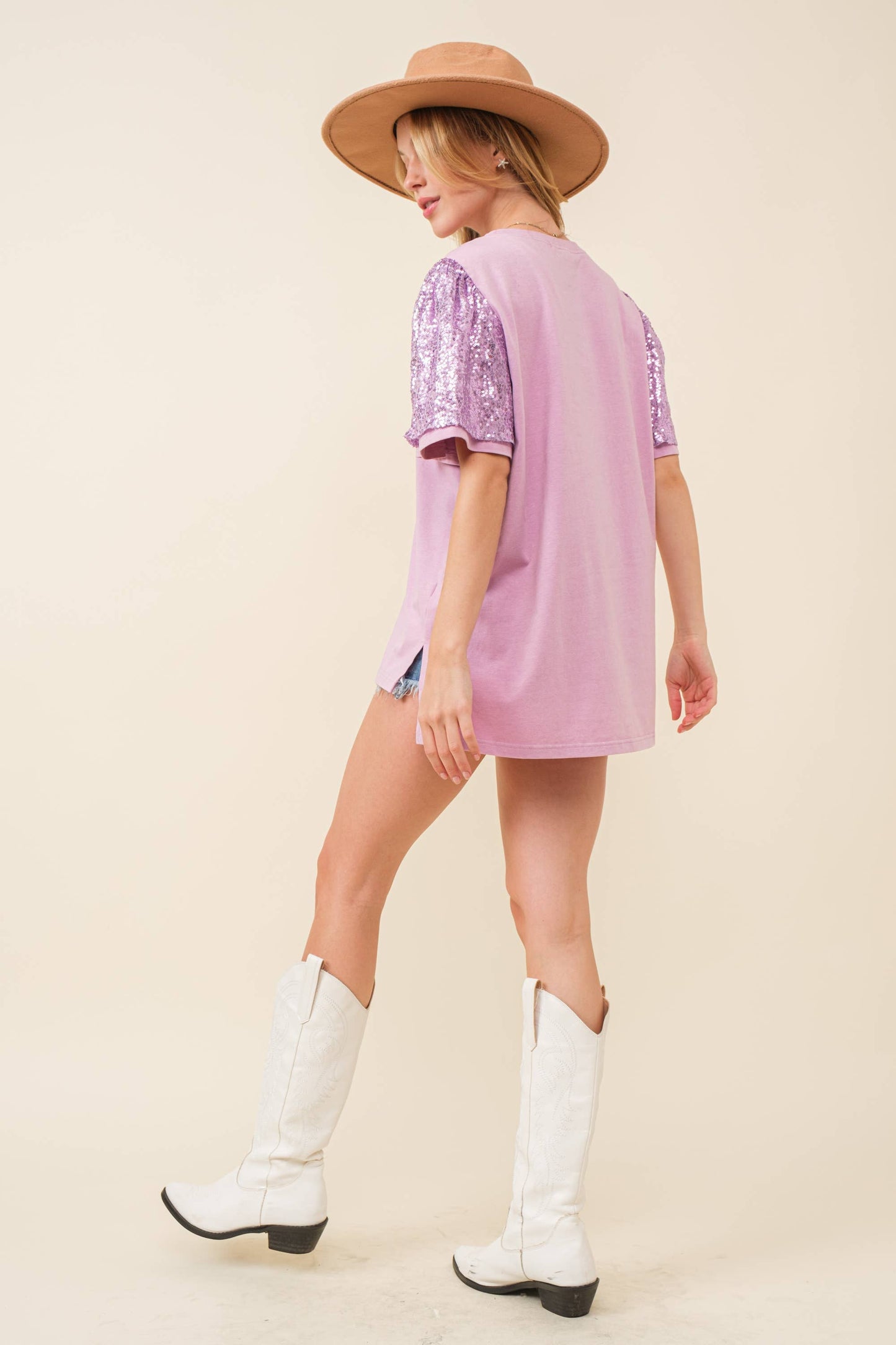 Sequin Mardi Gras Letter Patch T-shirt Top- Lavender
