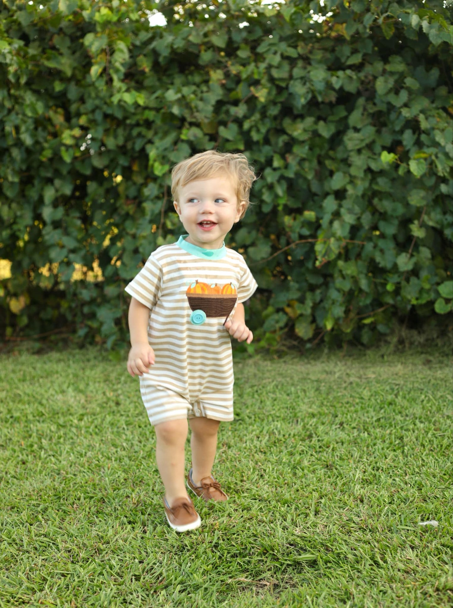 Pumpkin Harvest Tan Stripe Applique Romper