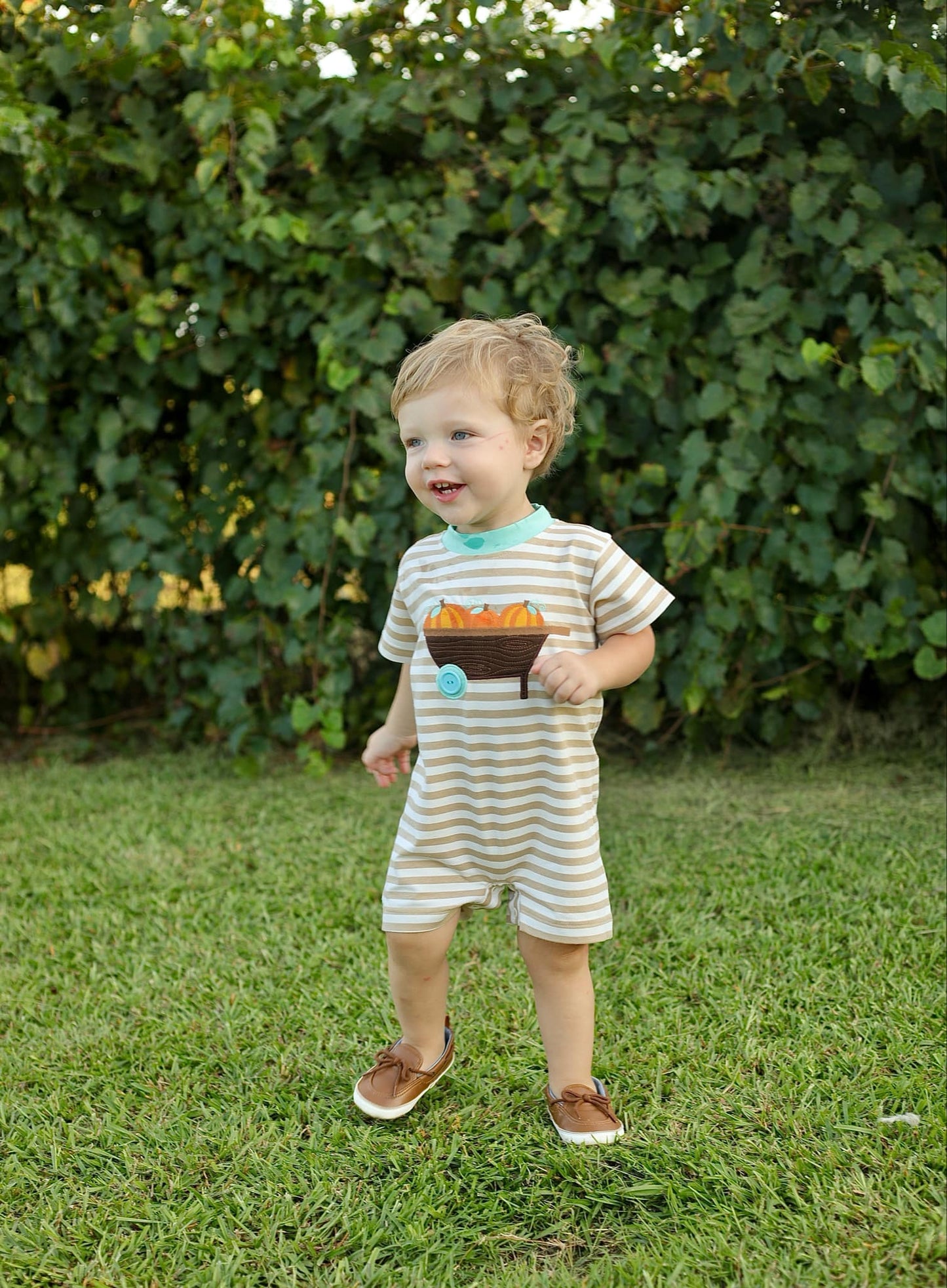 Pumpkin Harvest Tan Stripe Applique Romper