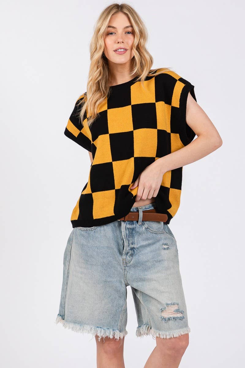 Checkered Knit Sleeveless Game Day Top