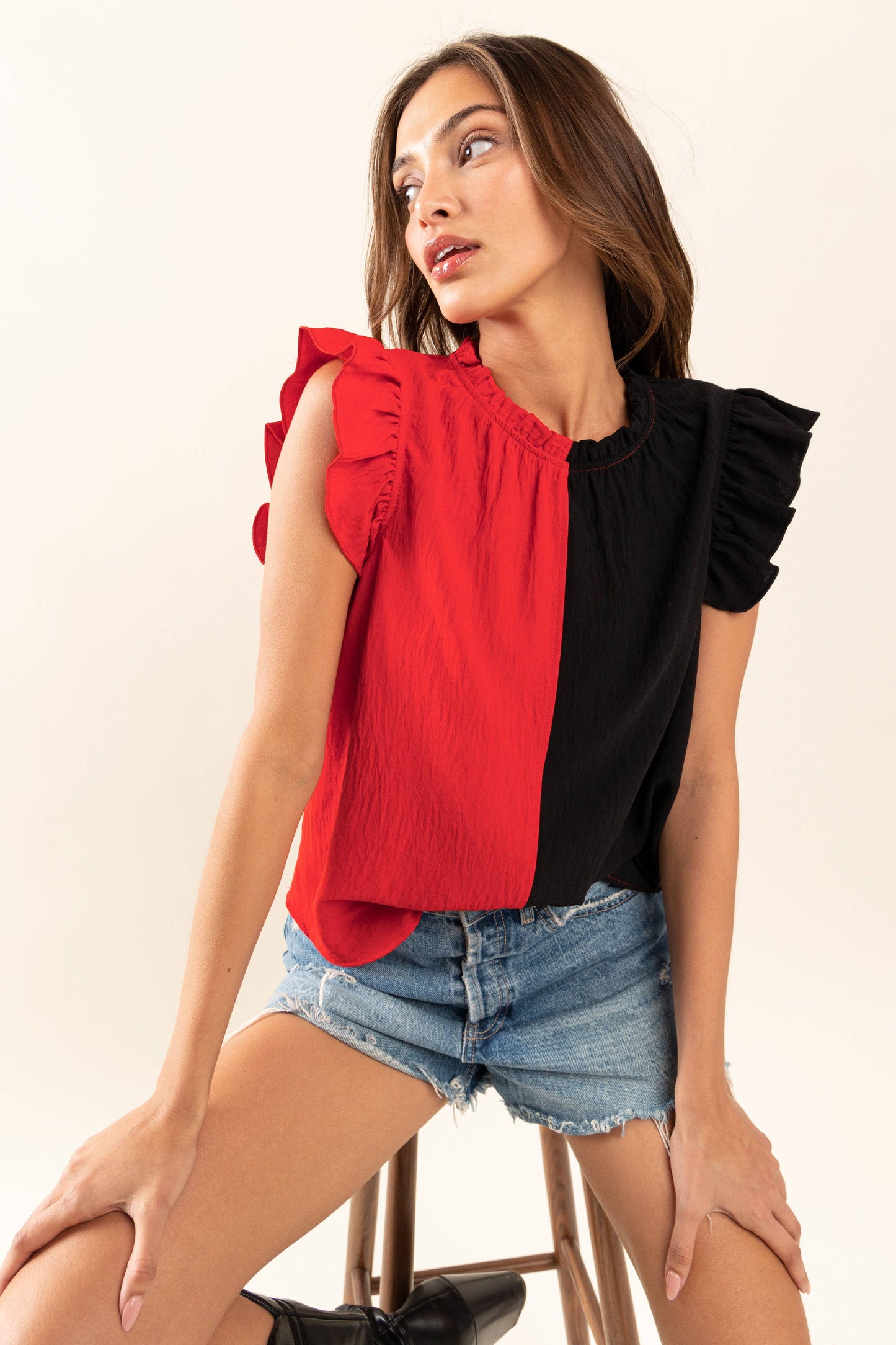 Game Day Ruffle Sleeveless Woven Blouse Top- Green/Pink