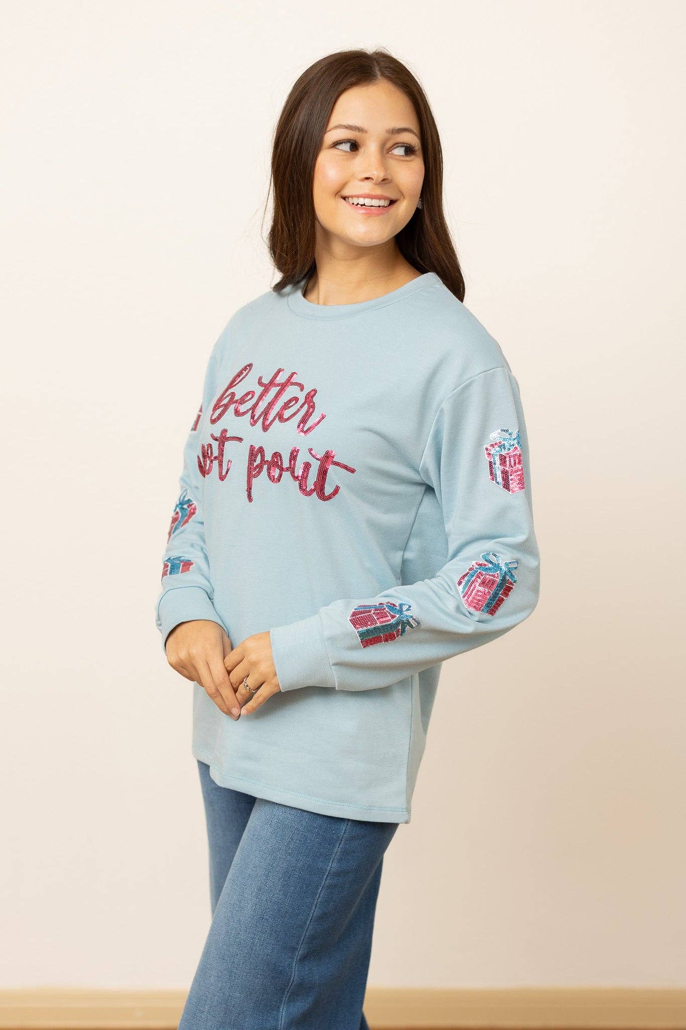 Better Not Pout Sequins Blue Sweater