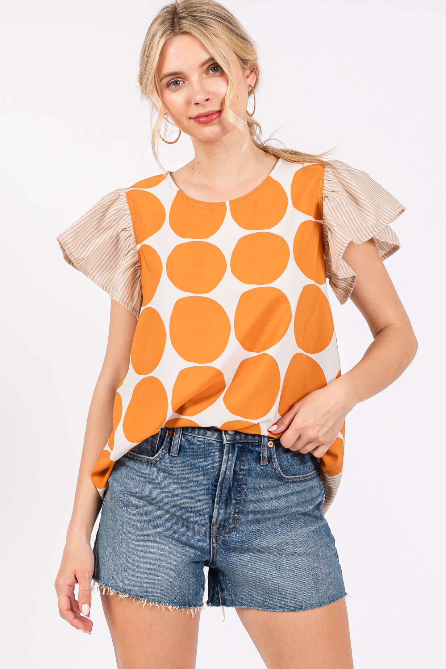 Contrast Polka Dot Blouse Top- Blue/ Royal Blue