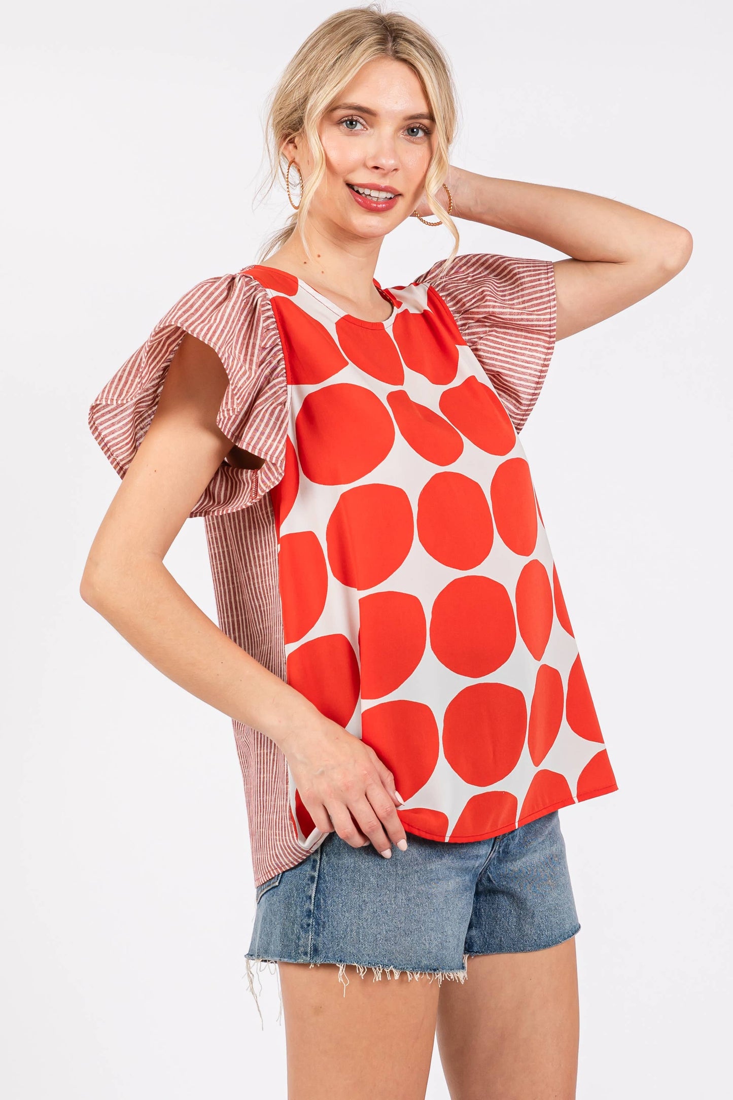 Contrast Polka Dot Blouse Top- Blue/ Royal Blue