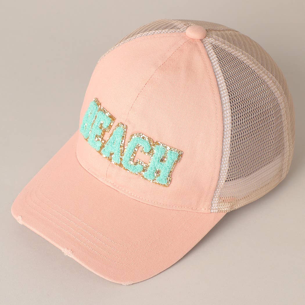 BEACH Chenille Letter Patch Mesh Back Baseball Cap- Hot Pink