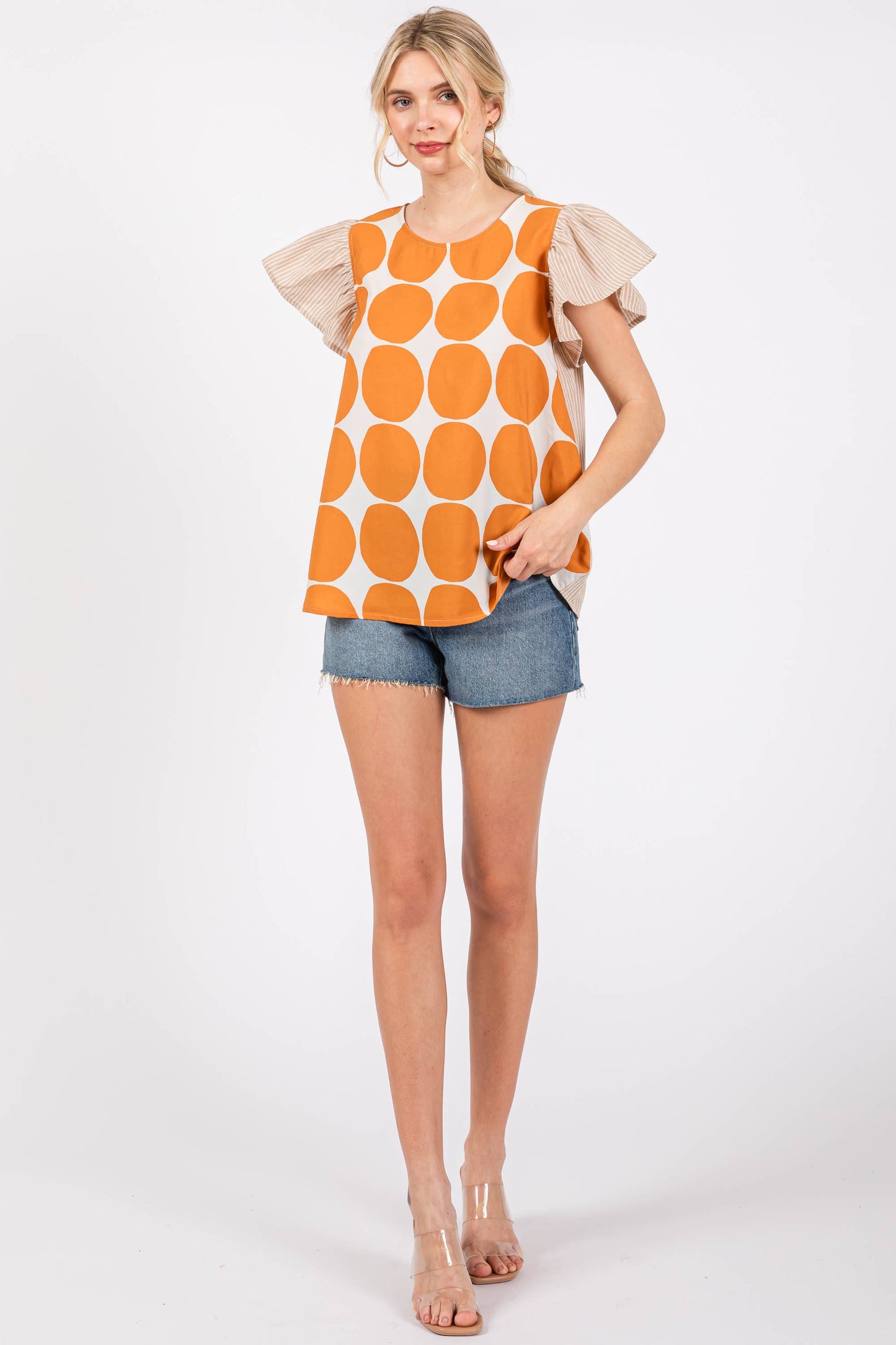 Contrast Polka Dot Blouse Top- Blue/ Royal Blue