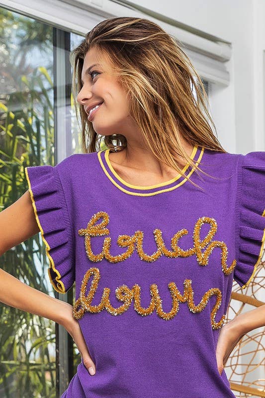 Touchdown Ruffled Armhole Sleeveless Sweater- Purple & Gold