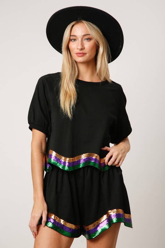 Sequins Stripe Puff Sleeve Crop Top- Red/ White Multi