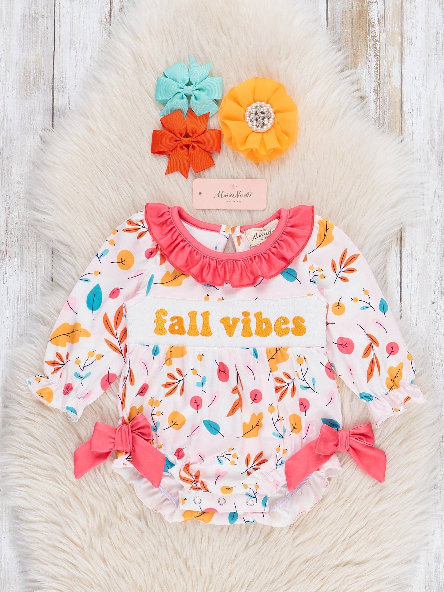 Fall Vibes Smocked Ruffle Leaves Bubble